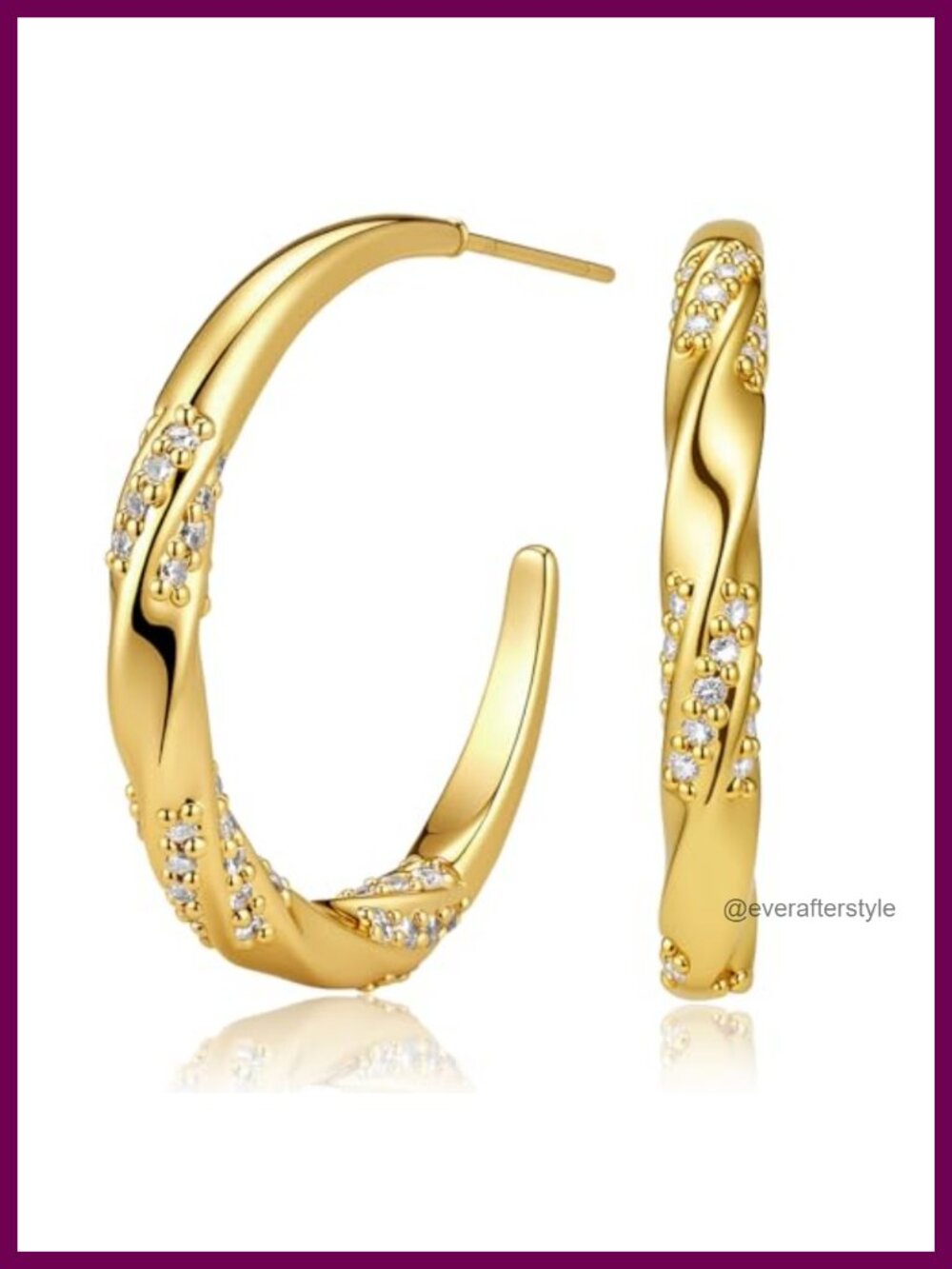 18K Gold Plated Hoop Earrings for Women, Twisted CZ with Sterling Silver Post